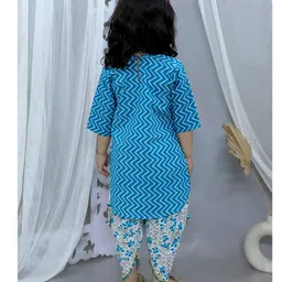 Junitos Three Fourth Sleeves Zig Zag & Floral Printed With Gota Lace Embellished Kurta Dhoti Set - Blue image 3