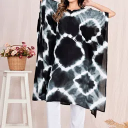 LYFJ Women Dyed Flared Sleeves Thread Work Asymmetric Crepe Kaftan Kurta image 5