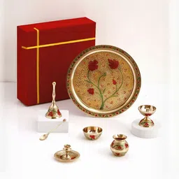 Archies Gold Toned And Red 7 Pieces Textured Premium Pooja Thali Set-image-22