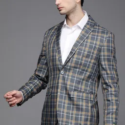Peter England Elite Men Blue & Brown Checked Single-Breasted Slim-Fit Formal Blazer image 2