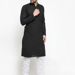 TREEMODA Men Black Embroidered Chikankari Kurta with Pyjamas image 5