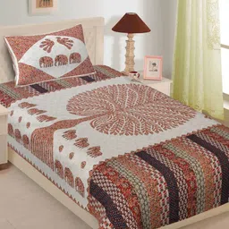 LIVING ROOTS Orange Ethnic Motifs Printed 144 TC Cotton Single Bedsheet With Pillow Cover-picture-20