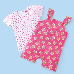 Babyhug Cotton Knit Floral Printed Dungaree Style Romper & Half Sleeves Inner T-Shirt Polka Dot Print  - White & Pink-image-80