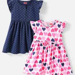 Babyhug Cotton Knit Frill Sleeves Frocks With Heart & Polka Dot Print & Bow Applique Pack of 2 - Navy Blue & White image 1