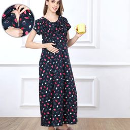 Bella Mama Cotton Knit Half Sleeves Concealed Zipper Strawberry Print Nighty - Navy Blue-picture-10