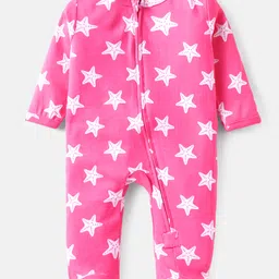 Babyhug Cotton Knit Full Sleeves Footed Sleep Suit With Star Print - Dark Pink-image-87