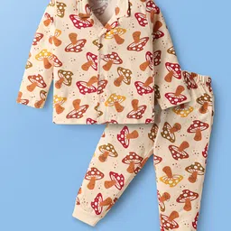 Babyoye 100% Cotton Knit Full Sleeves Night Suit With Mushroom Print - Cream-picture-20