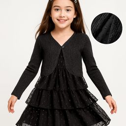 arias by lara dutta Arias Woven Flared Party Dress With Full Sleeves Shimmered Shrug - Black-picture-40
