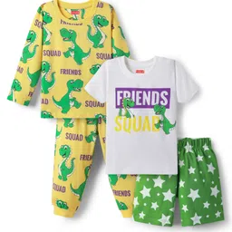 Babyhug Cotton Knit Half Sleeves Shorts & Full Sleeves Co-ord Night Suits with Dino Print - Yellow Green & White-picture-23