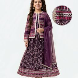 EARTHY TOUCH Single Jersey Knit Full Sleeves Choli Lehenga Set with Dupatta & Jacket Floral Print & Lace Detailing - Purple-picture-19