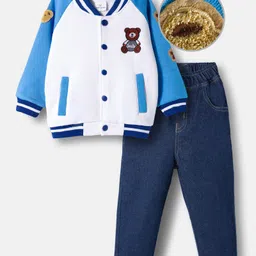 Mark & Mia Knit Full Raglan Sleeves Fleece Sweatshirt & Denim Jeans Winter Wear Set with Bear Embroidery - Blue-picture-38