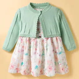 ToffyHouse Cotton Woven Frock With Full Sleeves Shrug & Floral Print - White-picture-14