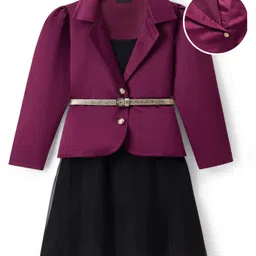 Hola Bonita Woven Three Fourth Sleeves Party Wear Satin Jacket with Mesh Glitter Dress & Belt - Wine & Black-image-69