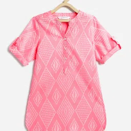 Campana 100% Cotton Woven Three Fourth Sleeves Geometric Printed Kurti - Pink & White image 1