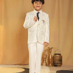 P-MARK Cotton Knit Full Sleeves Geometric Embroidered 4 Piece Suit Set With Tie - White-picture-14