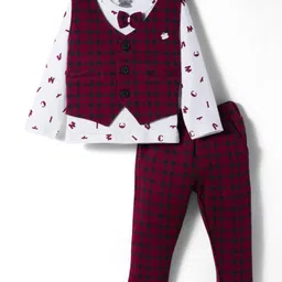 Mini Taurus Sinker Knit Full Sleeves Printed T-Shirt & Pant Set with Waistcoat & Bow Applique - Maroon-picture-28