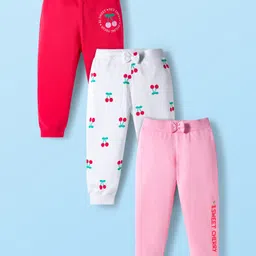 Babyhug Cotton Knit Full Length Lounge Pants With Cherry Print Pack of 3 - Pink Red & White-picture-23