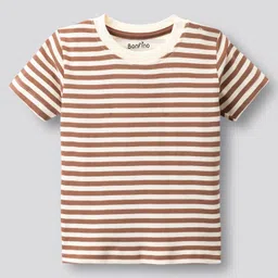 Bonfino 100% Cotton Knit Half Sleeves T-Shirt & Dungaree With Stripes & Bear Embroidery Applique - Brown and White image 2