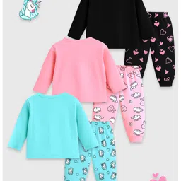 KUCHIPOO Cotton Blend Knit Pack Of 3 Full Sleeves Unicorn & Baby Animals Printed Tees & Joggers Set - Black Pink & Sky Blue image 3