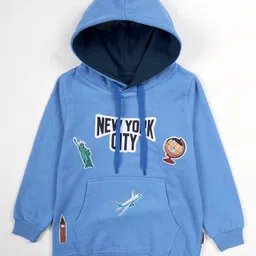Kiddopanti Fleece Knit Full Sleeves New York City Printed Hooded Light Winter Sweatshirt & Track Pants Set - Dusty Blue & Navy Blue image 3