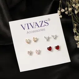VIVAZS Set Of 4 Silver-Plated American Diamond Studded Heart Shaped Studs image 4