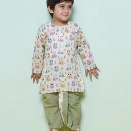 AJ Dezines Full Sleeves Owl Printed  Cotton Dhoti Kurta Set -Pista image 4