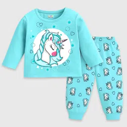 KUCHIPOO Cotton Blend Knit Pack Of 3 Full Sleeves Unicorn & Baby Animals Printed Tees & Joggers Set - Black Pink & Sky Blue image 4