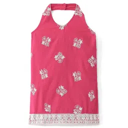 Babyhug Woven  Sleeveless Floral Embroidered Halter Neck Chanderi Kurti Palazo Set with Dupatta - Pink image 4