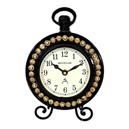 ARTYPILLAR Wooden Frame with Brass Motif Work and Iron Stand with 4In Dome Glass Dial Table Clock-image-28