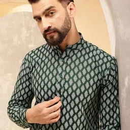 Anouk Green Ethnic Motifs Printed Band Collar Kurta image 2