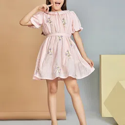 Peppermint Floral Embroidered Puff Sleeve Fit & Flare Dress-image-40