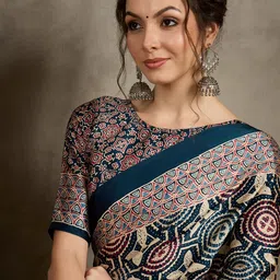 all about you Women modal Ajrak Block Pure Crepe Block Print Saree with Blouse Piece image 3