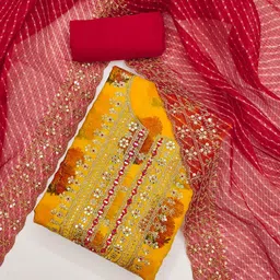 Nayanthara Trends Floral Printed Sequinned Chanderi Silk Unstitched Dress Material image 2