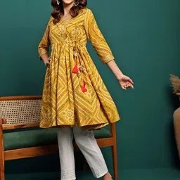 Sangria Yellow Bandhani Printed Angrakha V-Neck Pure Cotton Anarkali Kurti With Trouser-picture-38