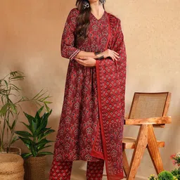 KALINI Floral Printed V-Neck Pleated A-Line Kurta With Trousers & Dupatta-picture-34
