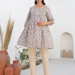 KALINI Printed Puff Sleeves Pleated Maternity Pure Cotton Tunic image 3