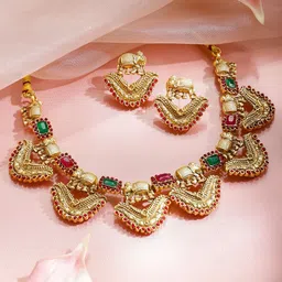Rubans 18K Gold-Plated Ruby And Emerald Studded Necklace And Earrings-picture-32