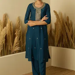 Anouk Women Embroidered Regular Chanderi Silk Kurta with Trousers & With Dupatta-picture-27