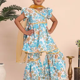 Cutiekins Girls Floral Printed Angrakha Gotta Patti A-Line Kurta With Sharara & Dupatta image 5