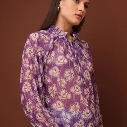 PURVAJA Breeze & Buti Women Printed Purple Georgette Regular Top image 3