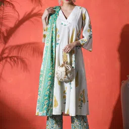 Sangria Floral Printed V-Neck Pure Cotton A-Line Kurta With Trousers & Dupatta-picture-40