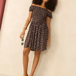 Outzidr Floral Print Off Shoulder Puff Sleeves Fit & Flare Dress image 2