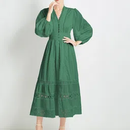 JC Collection Women V-Neck Self Design Lace Inserts Puff Sleeves Midi A-Line Dress image 4