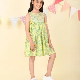 Fabindia Girls Floral Print Round Neck Sleeveless Empire Cotton Dress-image-15