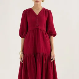 FEMMELLA Women V-Neck Puff Sleeve A-Line Midi Dress-image-2