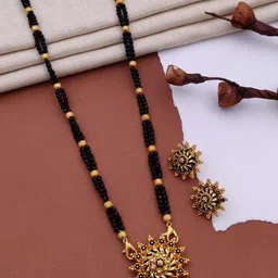 SOLIBELLE Gold Plated Artificial Stones Studded & Beaded Mangalsutra With Earrings image 3