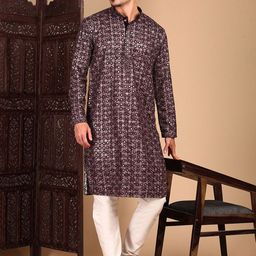 House of Pataudi Geometric Embroidered Sequinned Mandarin Collar Kurta With Pyjamas-picture-43