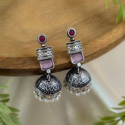NAMAN ARTS Silver-Plated Artificial Stones Studded & Beaded Oxidised Jhumkas-picture-36
