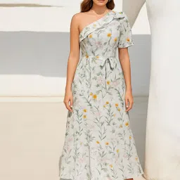 sollobell Women One Shoulder Ruffles Detailed Fit and Flare Midi Dress image 2