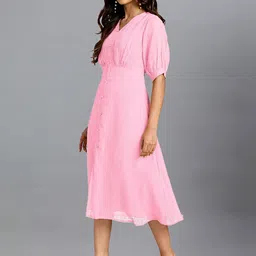 Janasya Polyester Puff Sleeve A-Line Midi Dress image 4